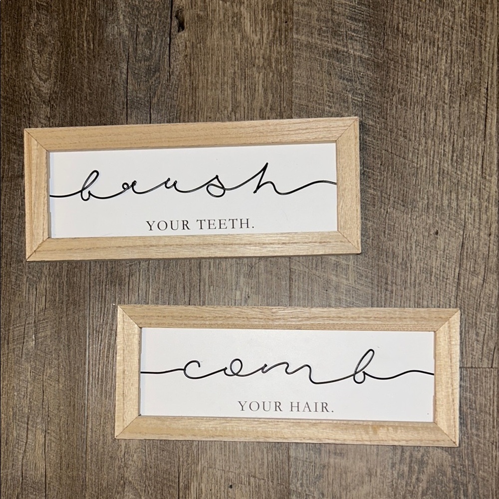 Natural Wood Frame Bathroom Wall Decor - Brush Your Teeth & Comb Your Hair